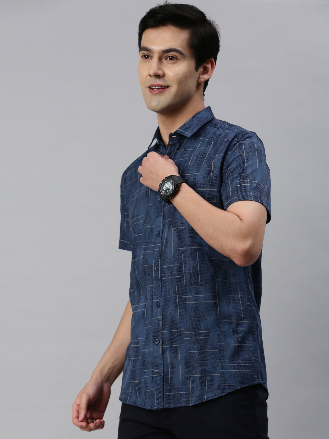 CP BRO Men's Cotton Half Sleeve Printed Slim Fit Collar Neck Navy Blue Color Woven Shirt | Sbo1-09 A