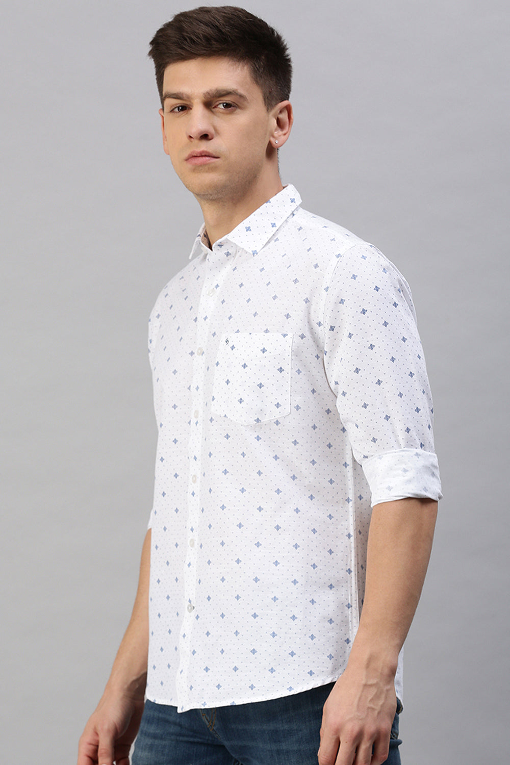Classic Polo Men's Cotton Full Sleeve Printed Slim Fit Polo Neck White Color Woven Shirt | So1-25 B