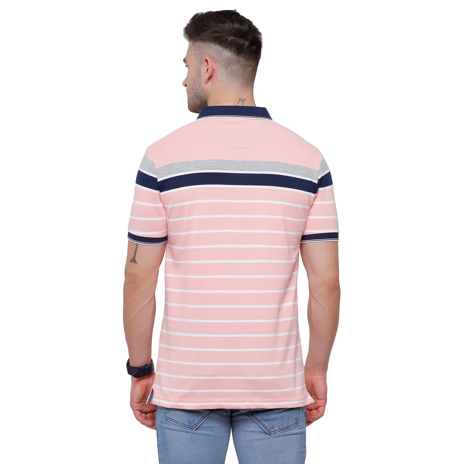 Classic Polo Mens Pink Stripped Slim Fit Polo Neck T-Shirt - VTA 190B T-shirt Classic Polo 