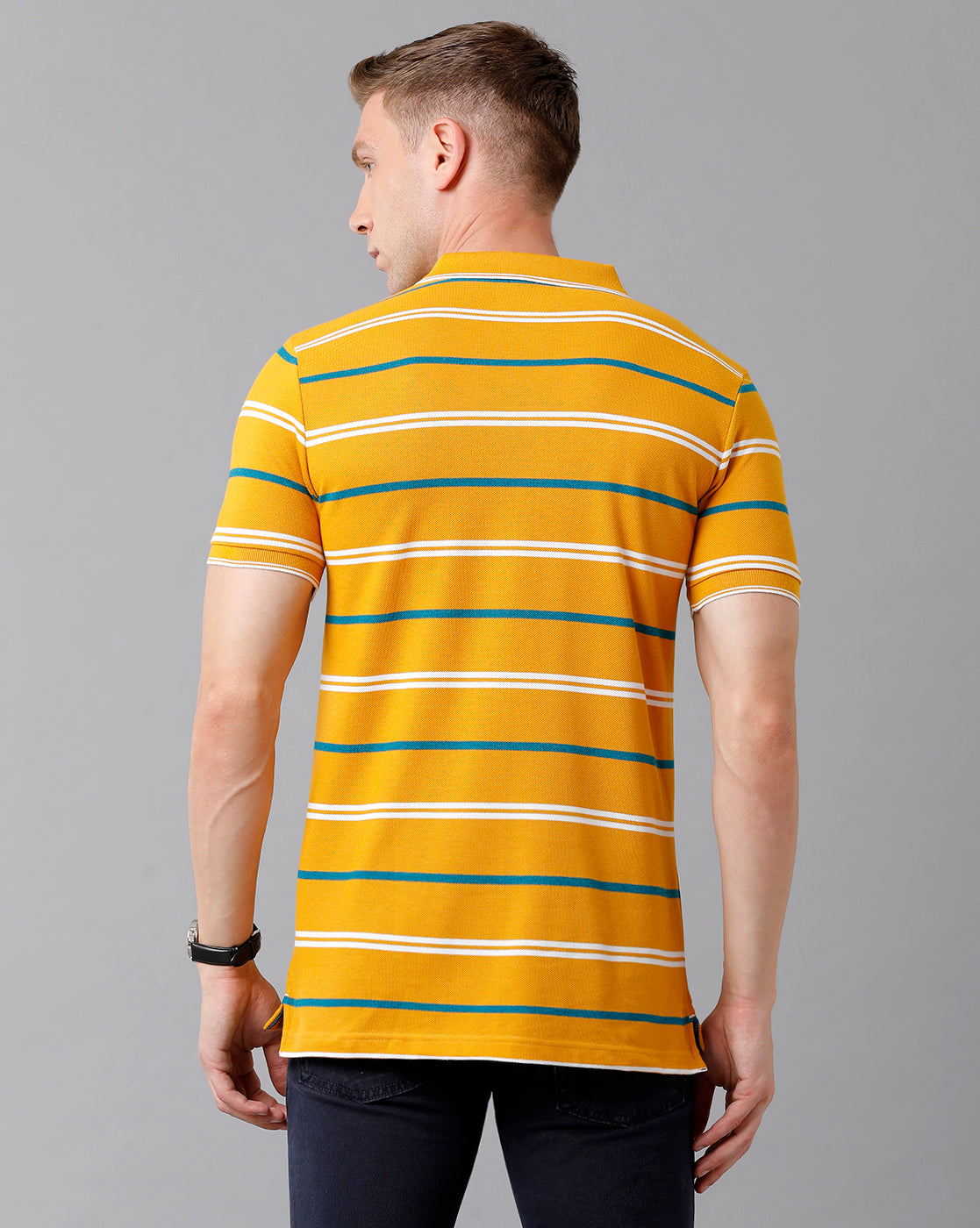Classic Polo Men's Cotton Blend Striped Half Sleeve Slim Fit Polo Neck Yellow Color T-Shirt | Adore - 177 A