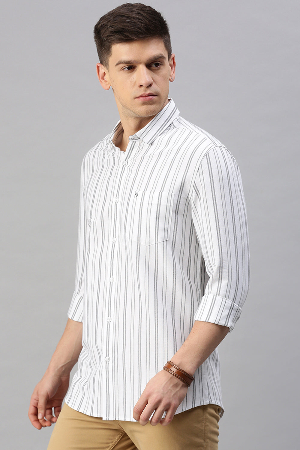 Classic Polo Men's Cotton Full Sleeve Striped Slim Fit Polo Neck White Color Woven Shirt | So1-127 A