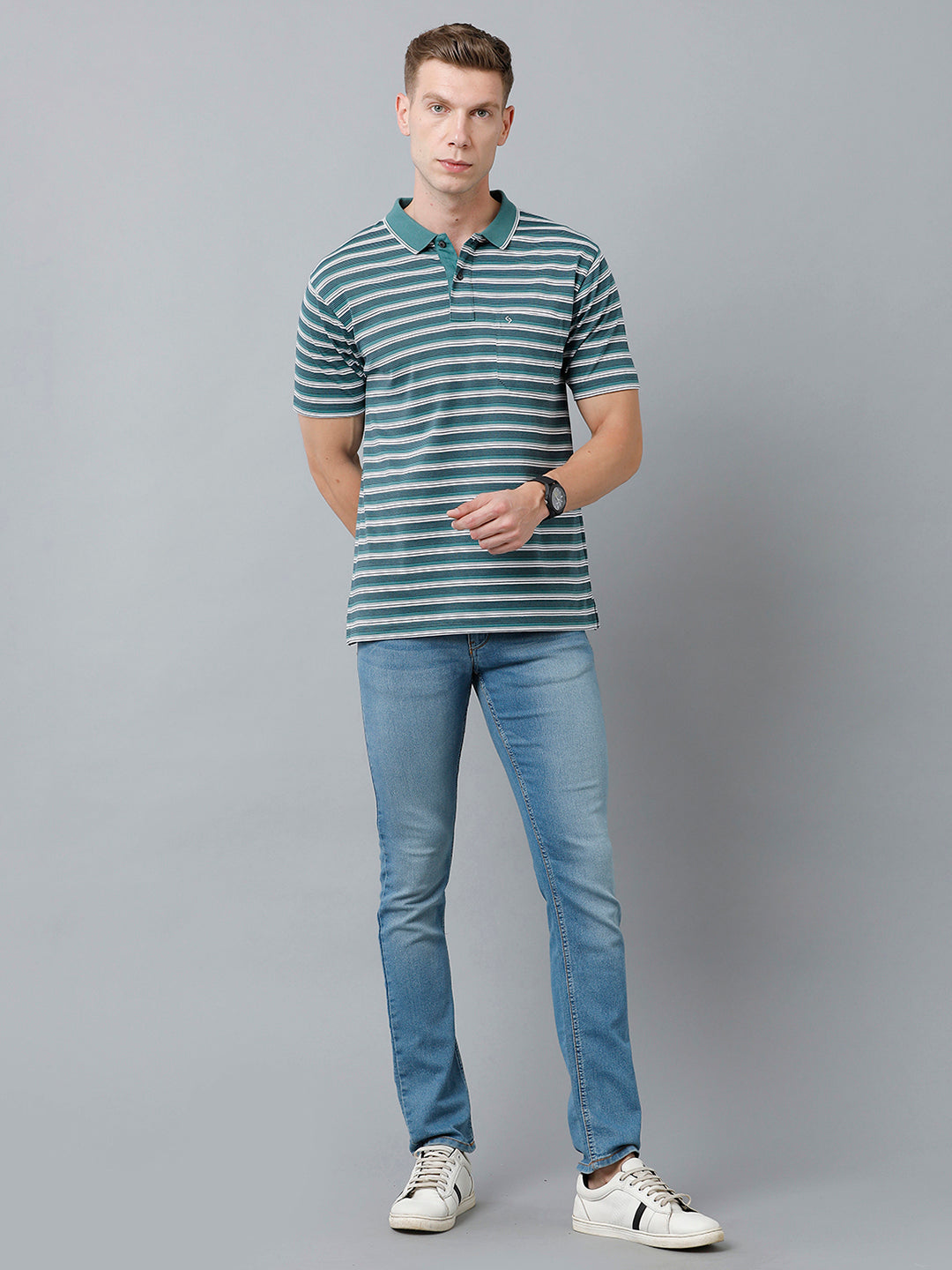Classic Polo Men's Cotton Half Sleeve Striped Authentic Fit Polo Neck Green Color T-Shirt | Feeders - 216 A