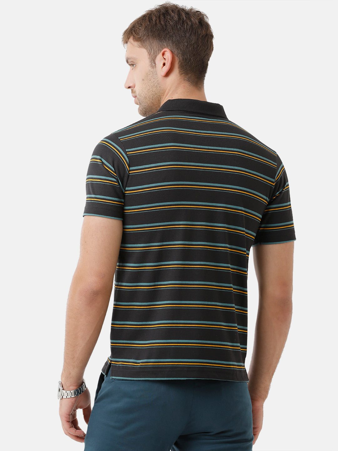 Classic Polo Mens Cotton Blend Half Sleeve Striped Authentic Fit Polo Neck Black Color T-Shirt | Avon 495 B