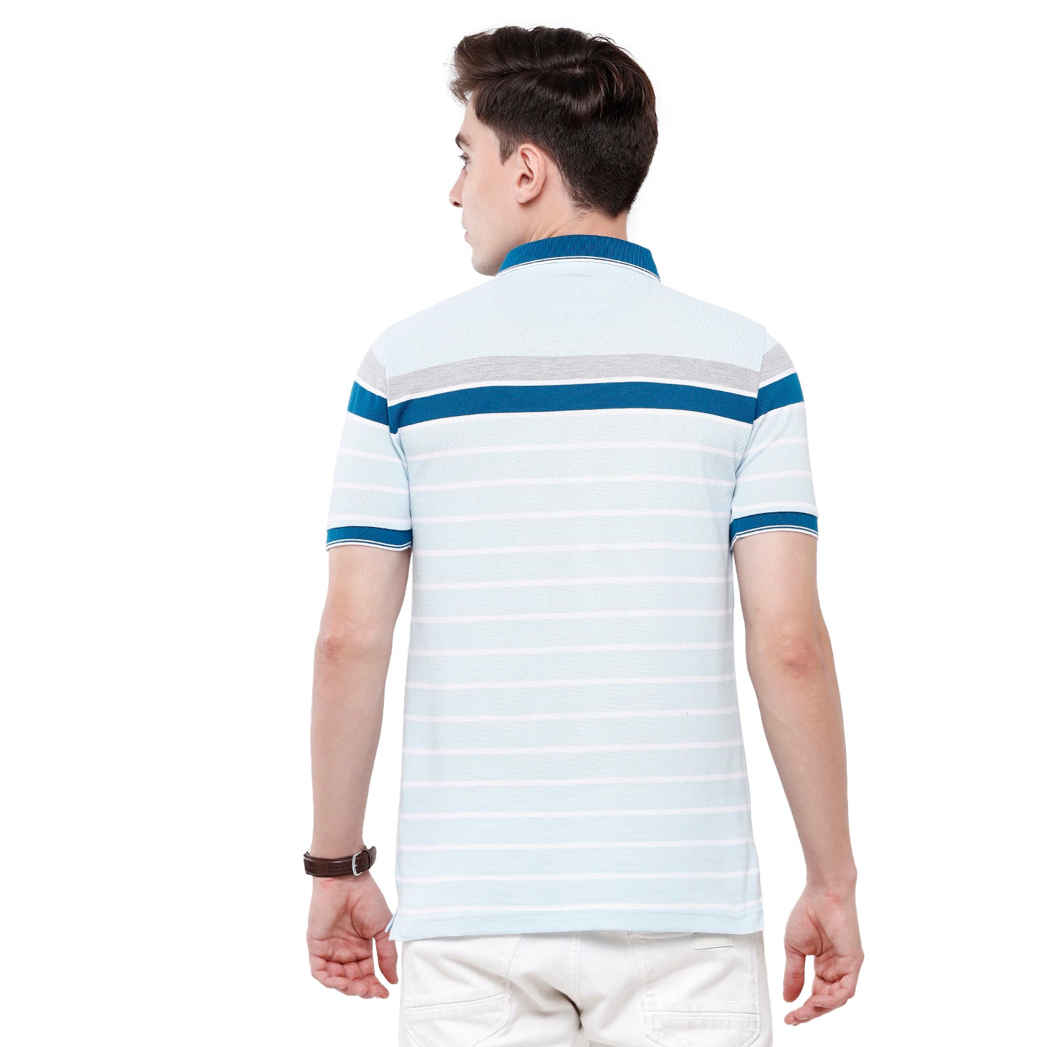 Classic Polo Mens Sky Blue Stripes Half Sleeve Slim Fit T-Shirt (VTA - 190 A SF P) T-shirt Classic Polo 