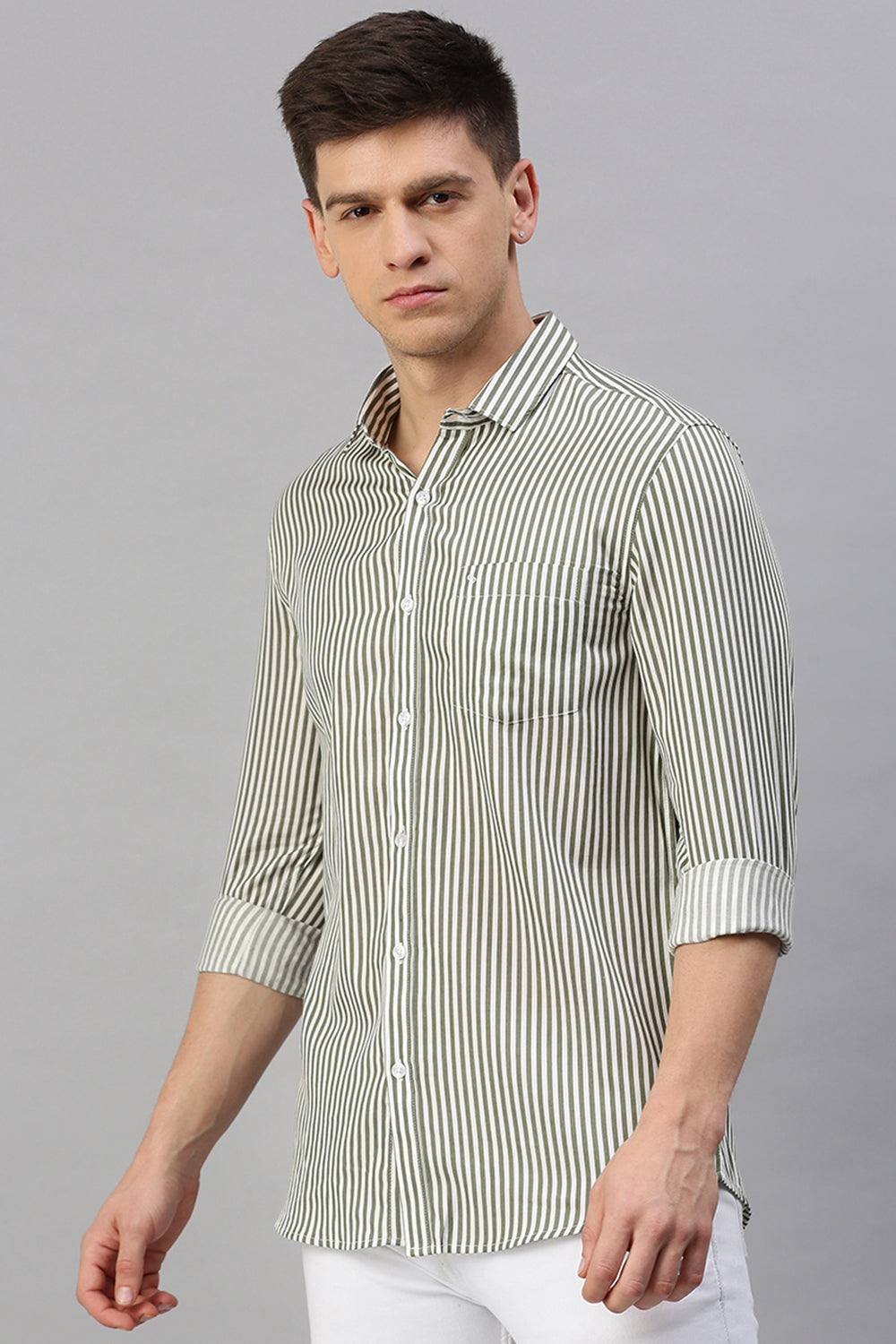 Classic Polo Men's Cotton Full Sleeve Striped Slim Fit Polo Neck Grey Color Woven Shirt | So1-105 A