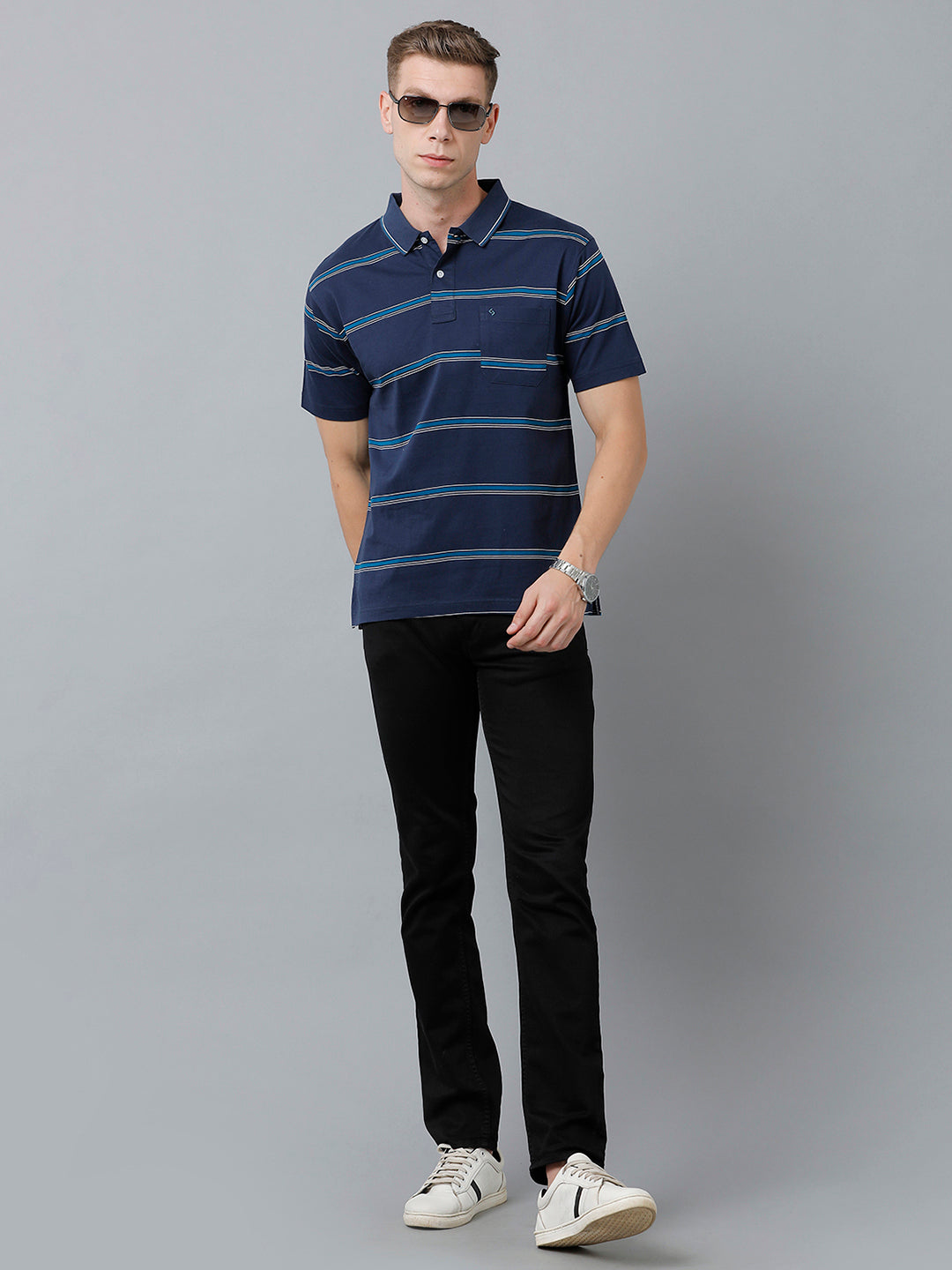 Classic Polo Men's Cotton Half Sleeve Striped Authentic Fit Polo Neck Navy Color T-Shirt | Ap - 90 B