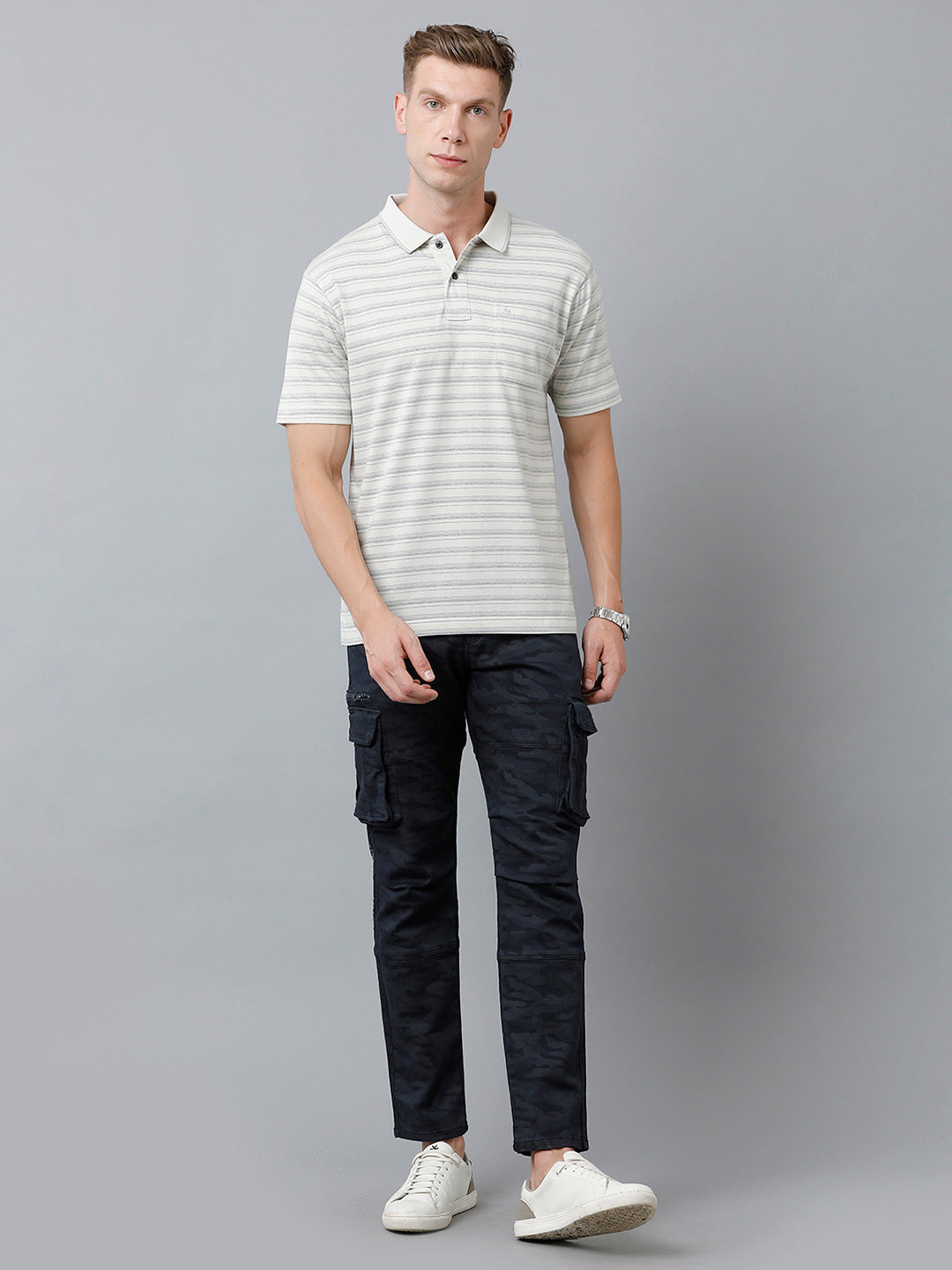 Classic Polo Men's Cotton Half Sleeve Striped Authentic Fit Polo Neck Light Grey Color T-Shirt | Feeders - 214 A