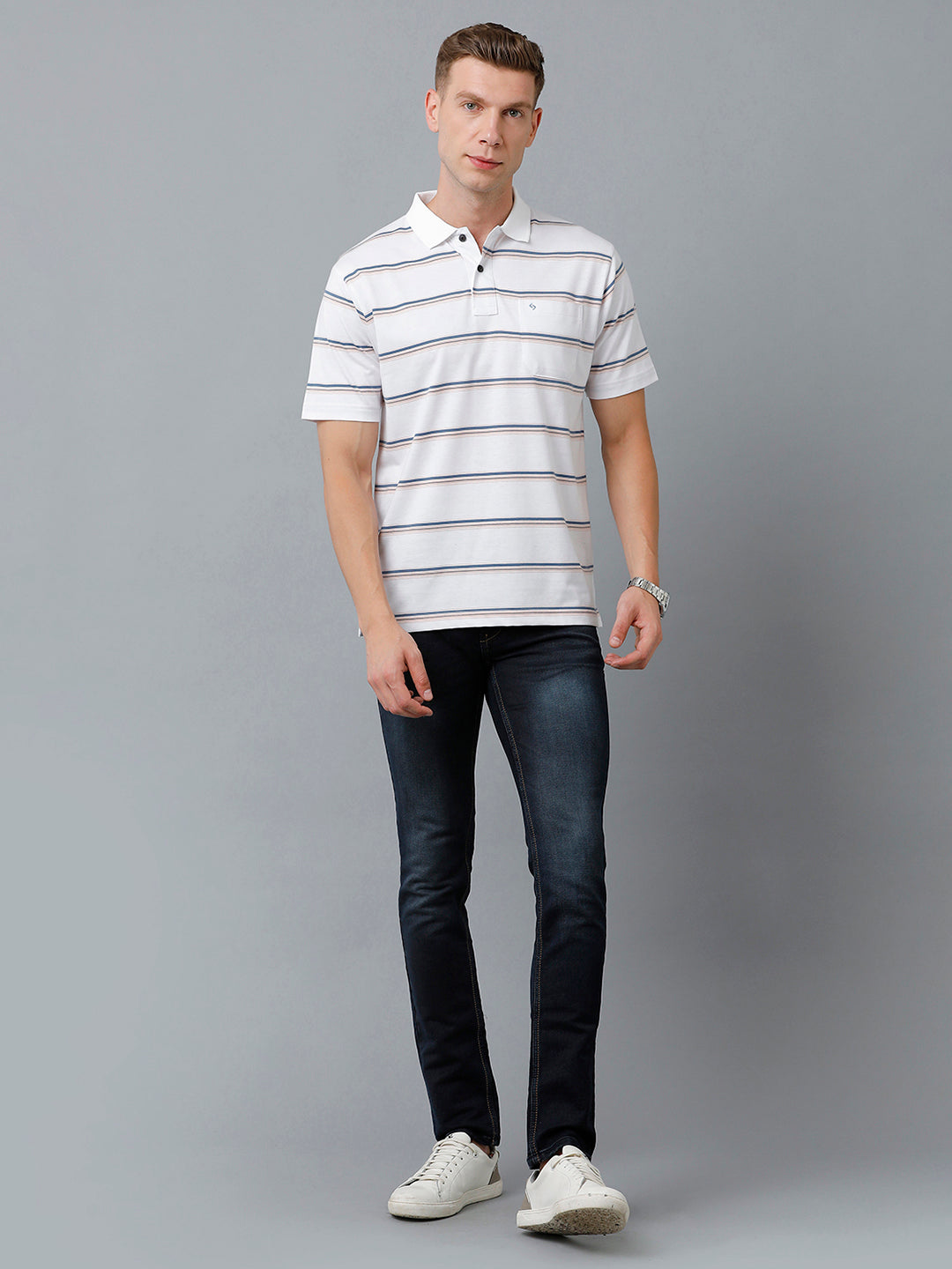 Classic Polo Men's Cotton Blend Half Sleeve Striped Authentic Fit Polo Neck White Color T-Shirt | Avon - 514 A
