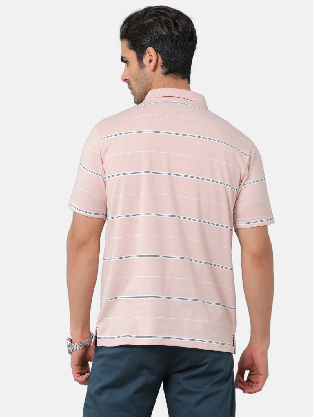 Classic Polo Mens Cotton Blend Striped Authentic Fit Polo Neck Pink Color T-Shirt | Avon 477b