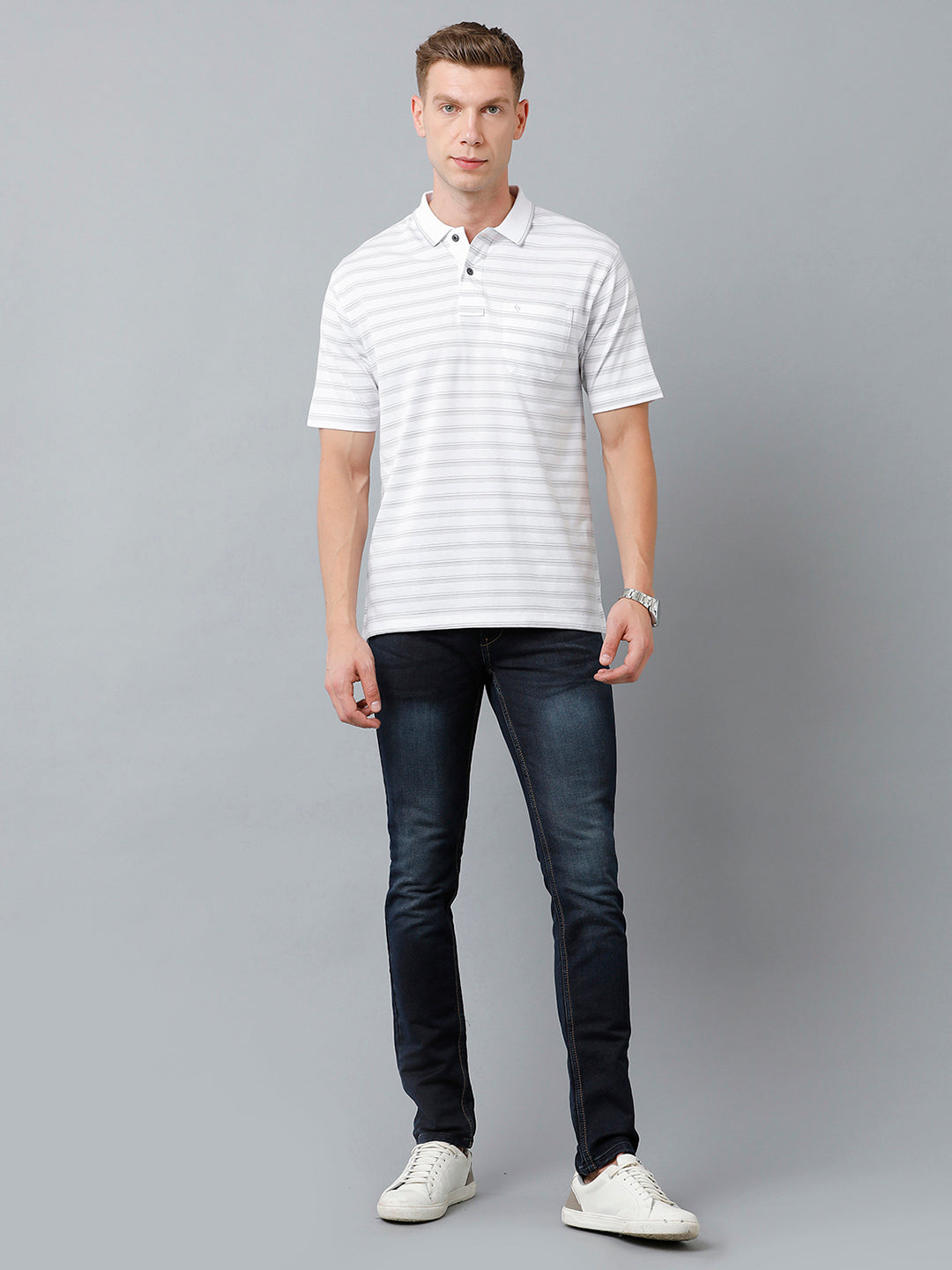 Classic Polo Men's Cotton Half Sleeve Striped Authentic Fit Polo Neck White Color T-Shirt | Feeders - 223 A