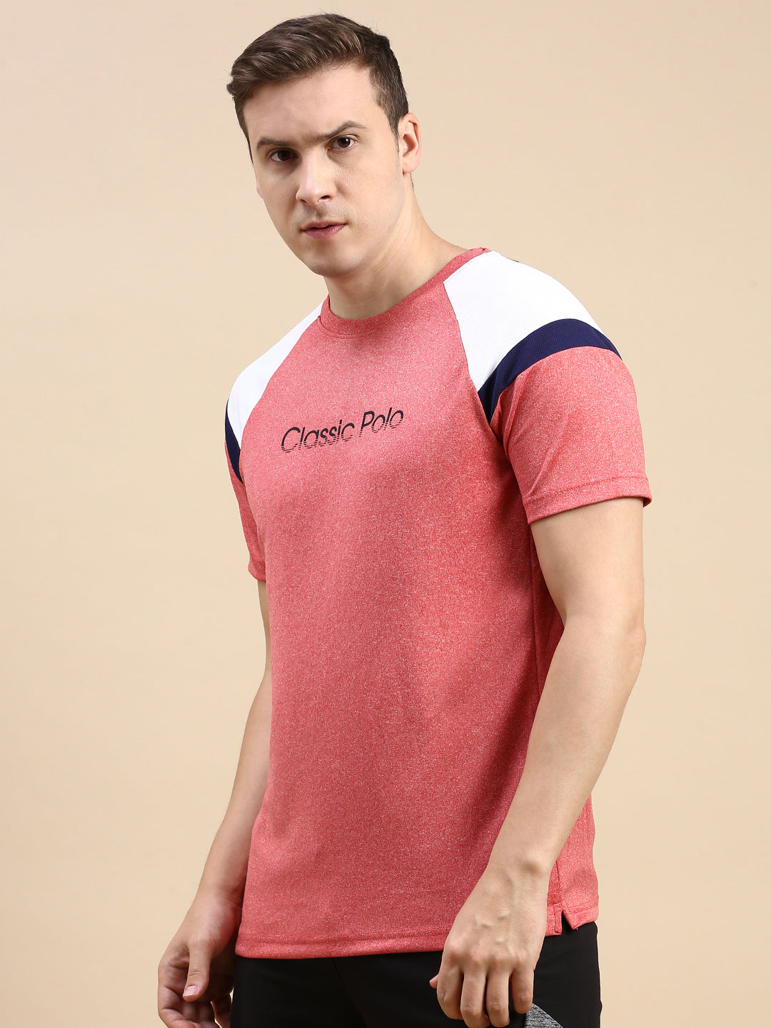 Classic Polo Men's Round Neck Polyster Red/White Slim Fit Active Wear T-Shirt