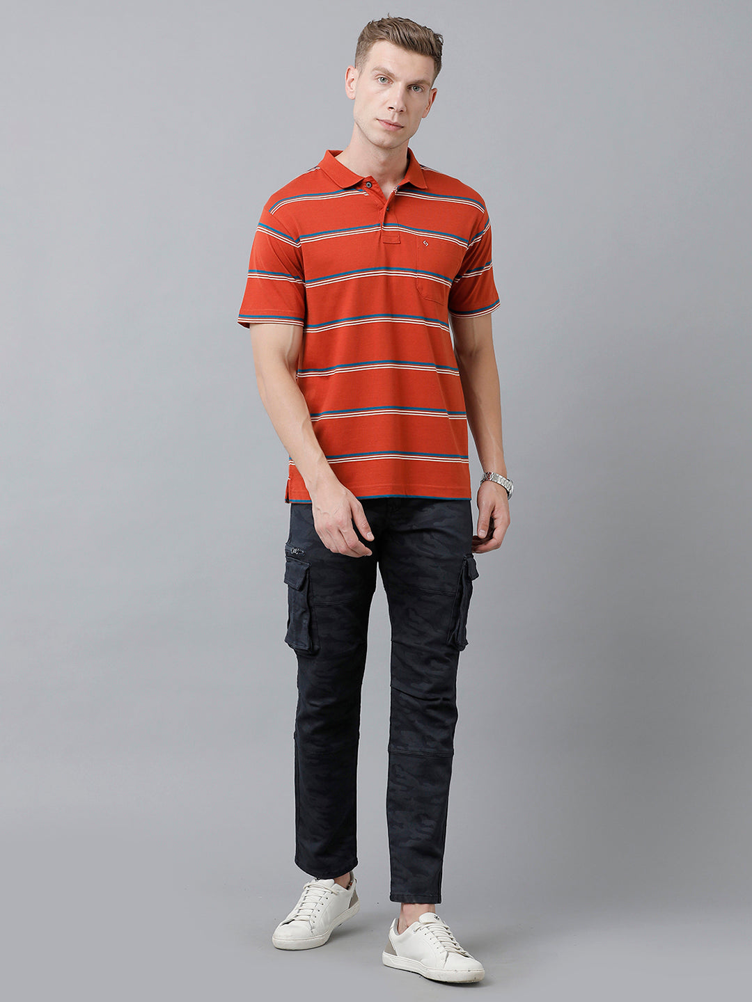 Classic Polo Men's Cotton Blend Half Sleeve Striped Authentic Fit Polo Neck Red Color T-Shirt | Avon - 526 B