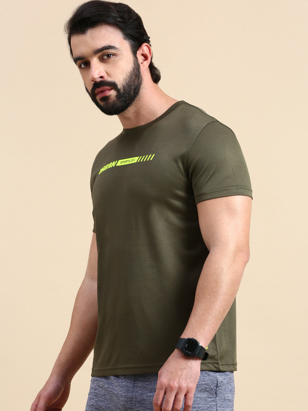 Classic Polo Men's Round Neck Polyester Olive Slim Fit Active Wear T-Shirt | GENX-CREW 01A SF C