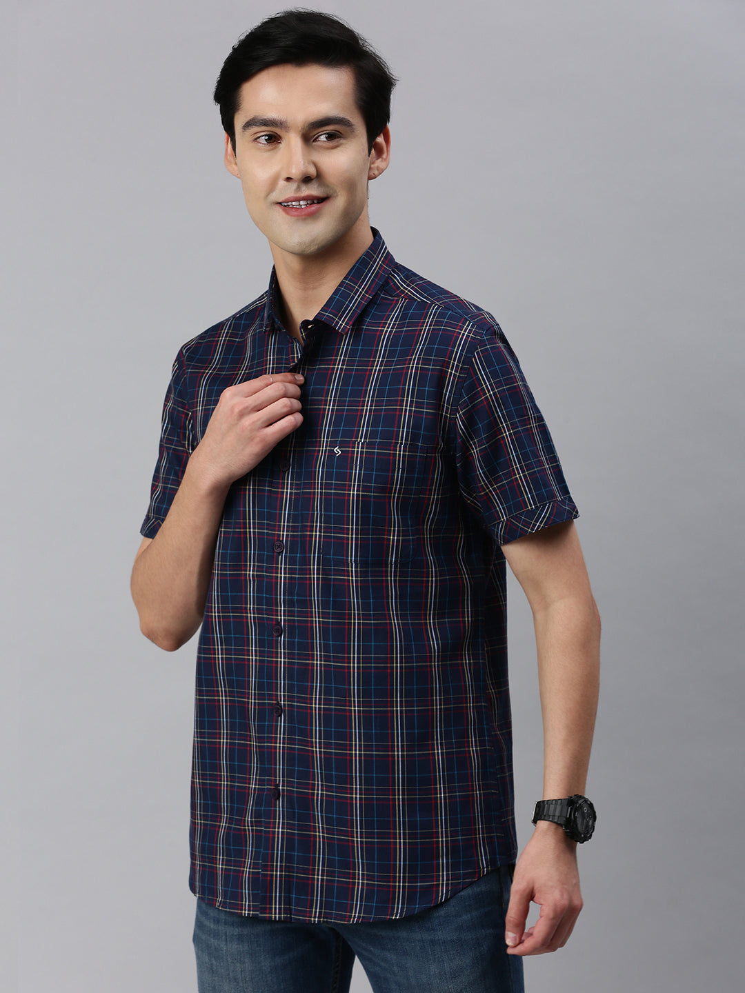 Classic Polo Men's Cotton Half Sleeve Checked Slim Fit Collar Neck Navy Blue Color Woven Shirt | So1-97 B
