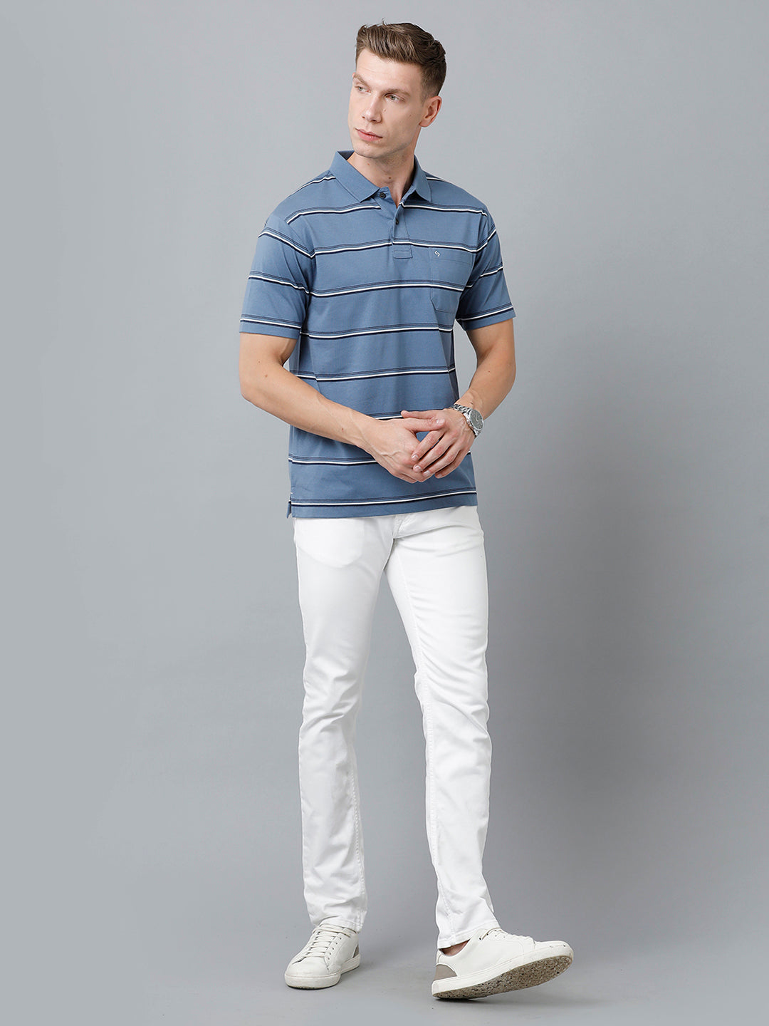 Classic Polo Men's Cotton Blend Half Sleeve Striped Authentic Fit Polo Neck Blue Color T-Shirt | Avon - 517 A