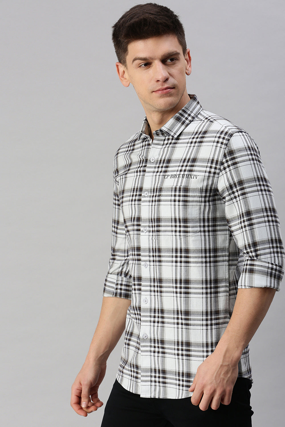 CP BRO Men's Cotton Full Sleeve Checked Slim Fit Collar Neck White Color Woven Shirt | Sbo1-04 A