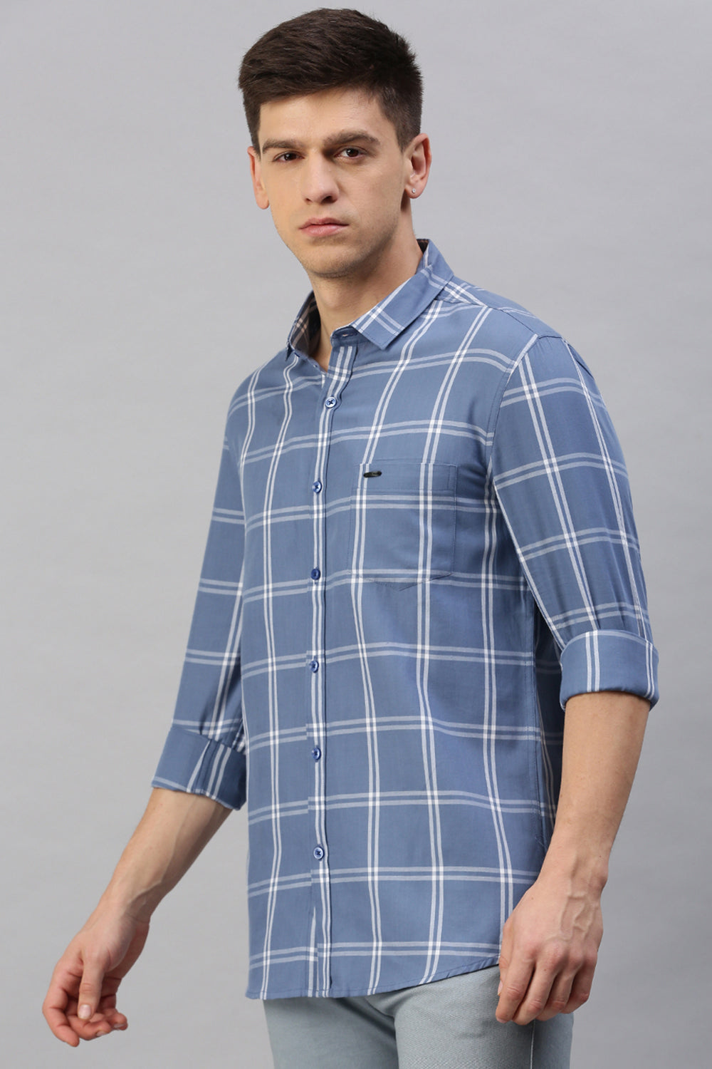 Classic Polo Men's Cotton Full Sleeve Checked Slim Fit Polo Neck Blue Color Woven Shirt | So1-122 A