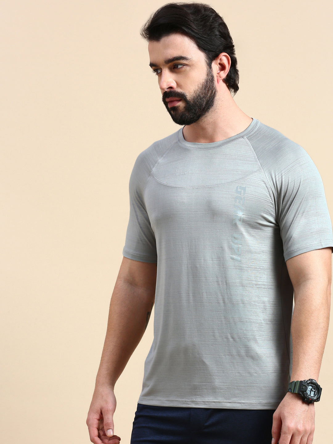 Classic Polo Men's Round Neck Polyester Grey Slim Fit Active Wear T-Shirt | GENX-CREW 14A SF C