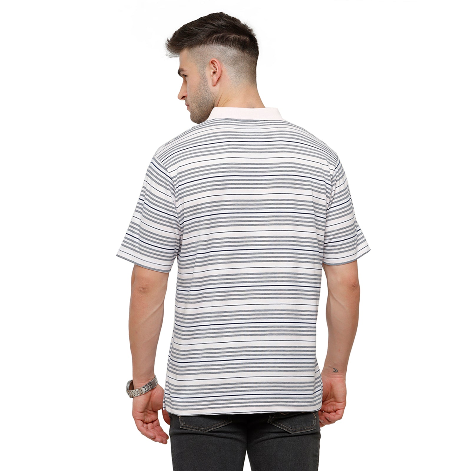 Classic Polo Mens Grey Stripes Half Sleeve Authentic Fit T-Shirt AVON - 473 B T-shirt Classic Polo 