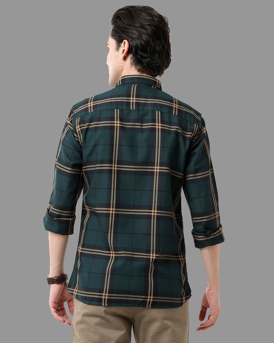 CP BRO Men's Cotton Full Sleeve Checked Slim Fit Polo Neck Green Color Woven Shirt | Sbn2-75 A