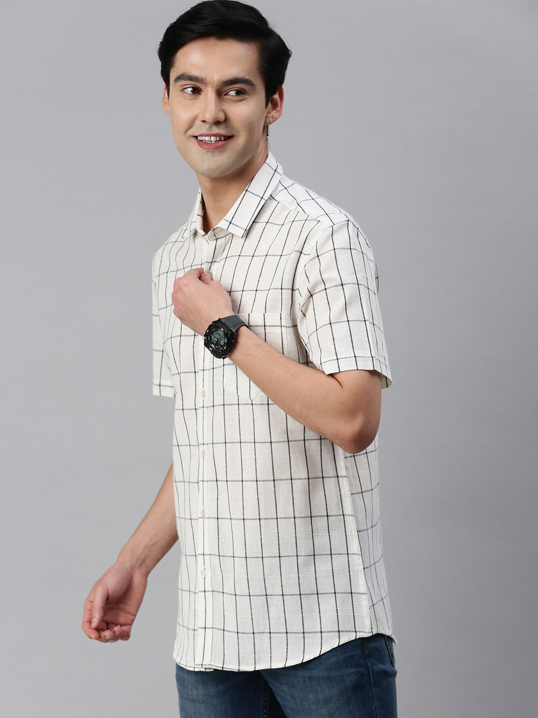 Classic Polo Men's Cotton Half Sleeve Checked Slim Fit Collar Neck Cream Color Woven Shirt | So1-113 A