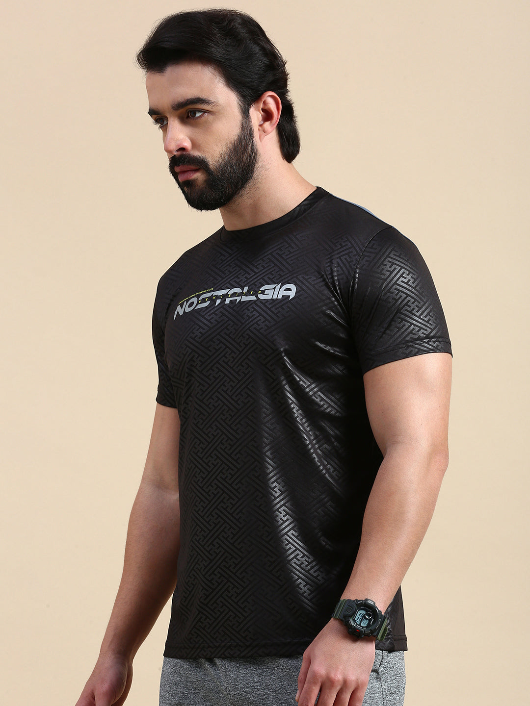 Classic Polo Men's Round Neck Polyester Black Slim Fit Active Wear T-Shirt | GENX-CREW 07B SF C
