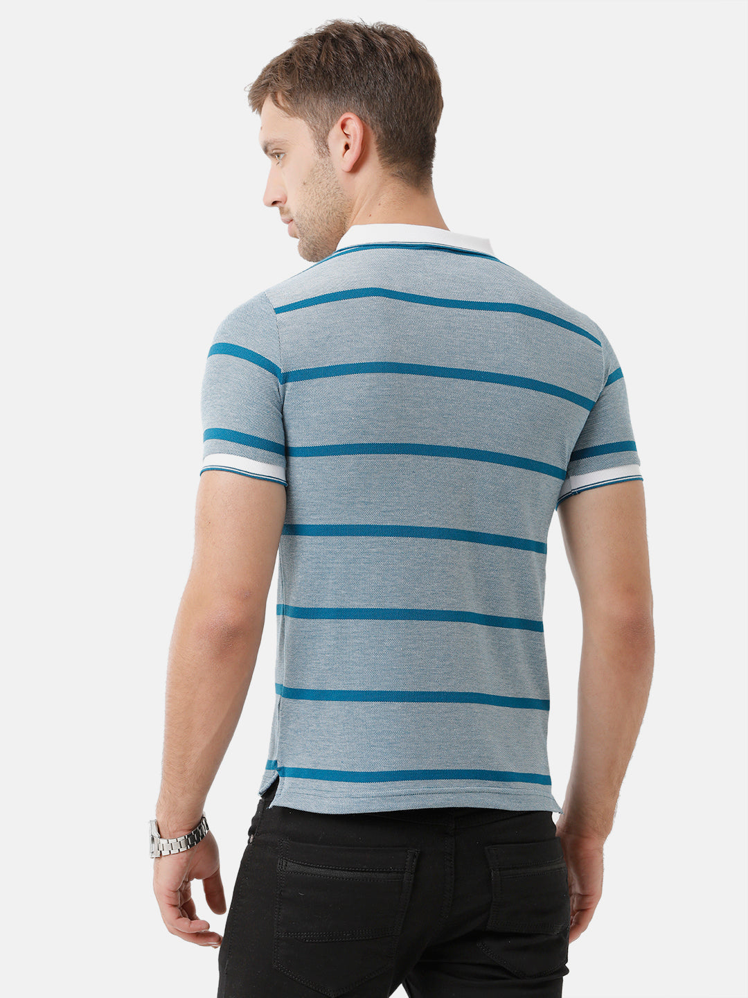 Classic Polo Mens Cotton Blend Half Sleeve Striped Slim Fit Polo Neck Blue Color T-Shirt | Adore 171 B