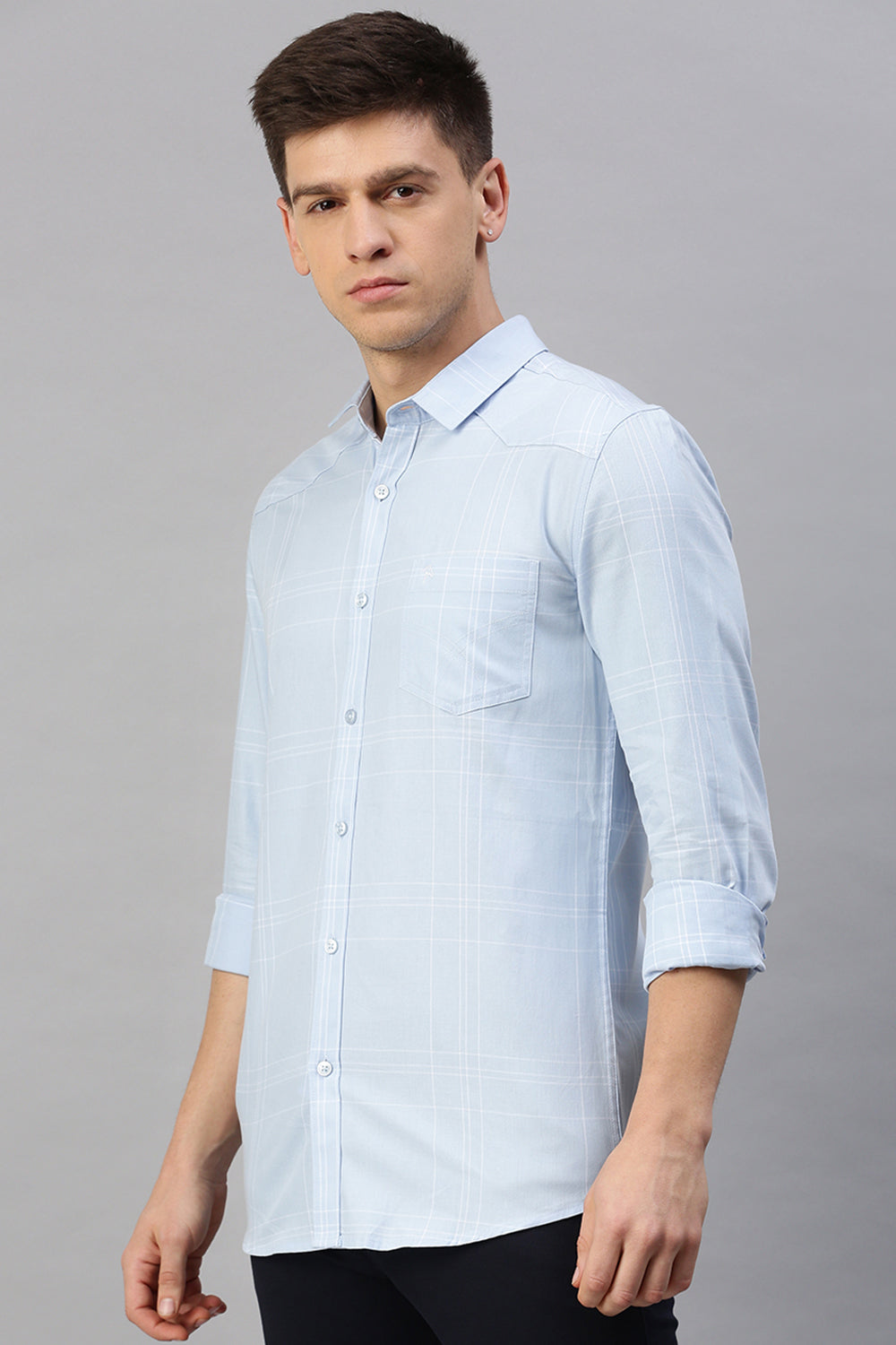 CP BRO Men's Cotton Full Sleeve Checked Slim Fit Polo Neck Light Blue Color Woven Shirt | Sbo1-43 A