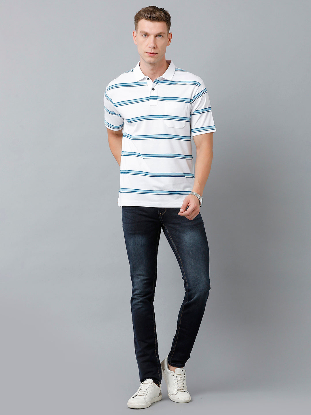 Classic Polo Men's Cotton Blend Half Sleeve Striped Authentic Fit Polo Neck White Color T-Shirt | Avon - 522 A