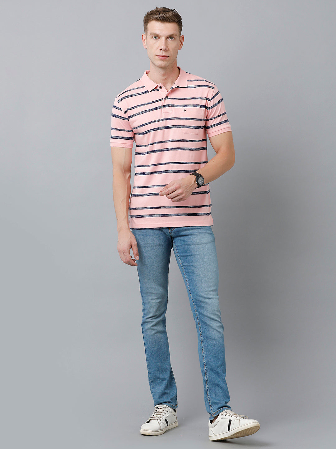Classic Polo Men's Cotton Half Sleeve Striped Authentic Fit Polo Neck Pink Color T-Shirt | Nexon - 03 A
