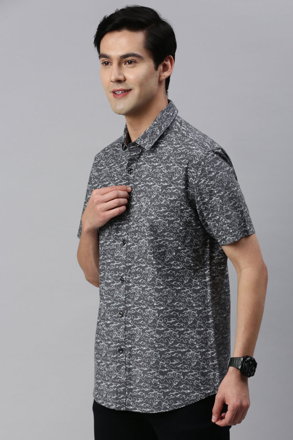 Classic Polo Men's Cotton Half Sleeve Printed Slim Fit Polo Neck Grey Color Woven Shirt | So1-148 B