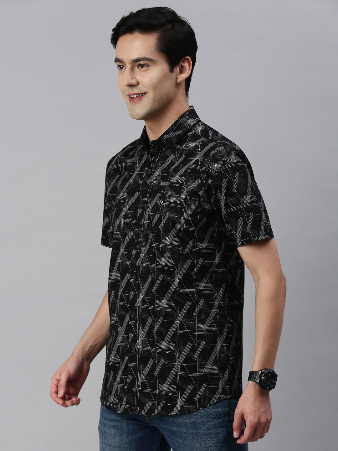 Classic Polo Men's Cotton Half Sleeve Printed Slim Fit Collar Neck Black Color Woven Shirt | So1-10 B