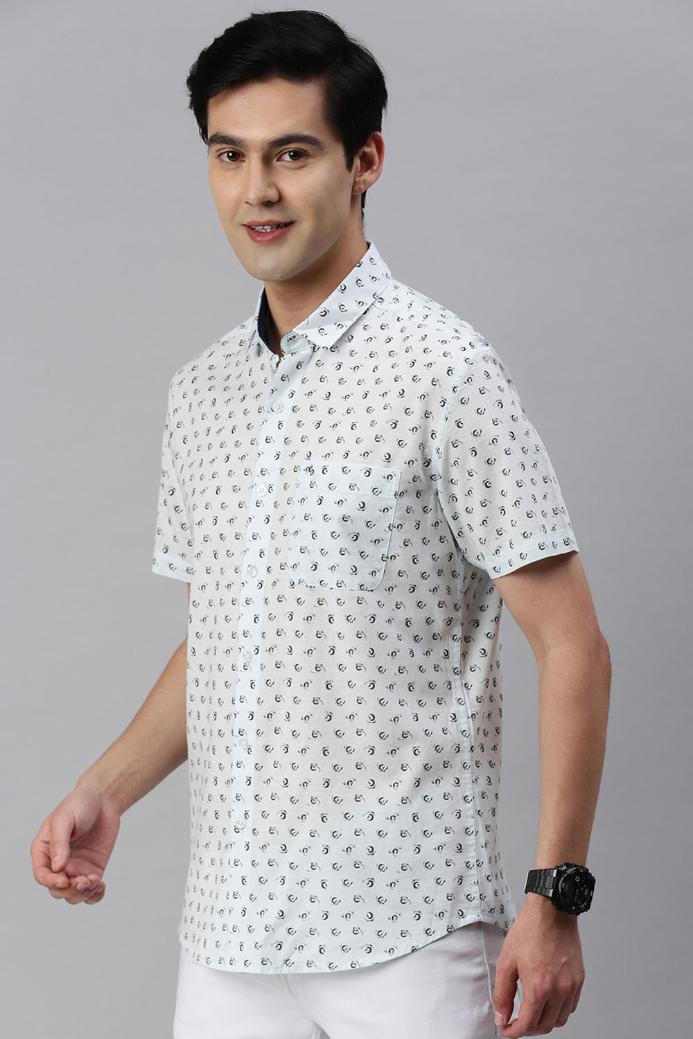 Classic Polo Men's Cotton Half Sleeve Printed Slim Fit Polo Neck White Color Woven Shirt | So1-14 A