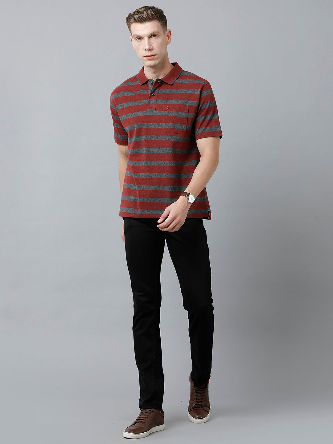 Classic Polo Men's Cotton Blend Half Sleeve Striped Authentic Fit Polo Neck Red Color T-Shirt | Mel - 224 B