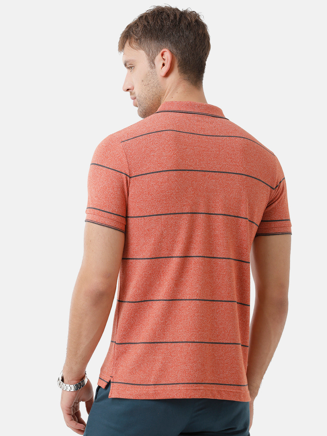 Classic Polo Mens Cotton Blend Striped Half Sleeve Slim Fit Polo Neck Peach Color T-Shirt | Adore 173 B
