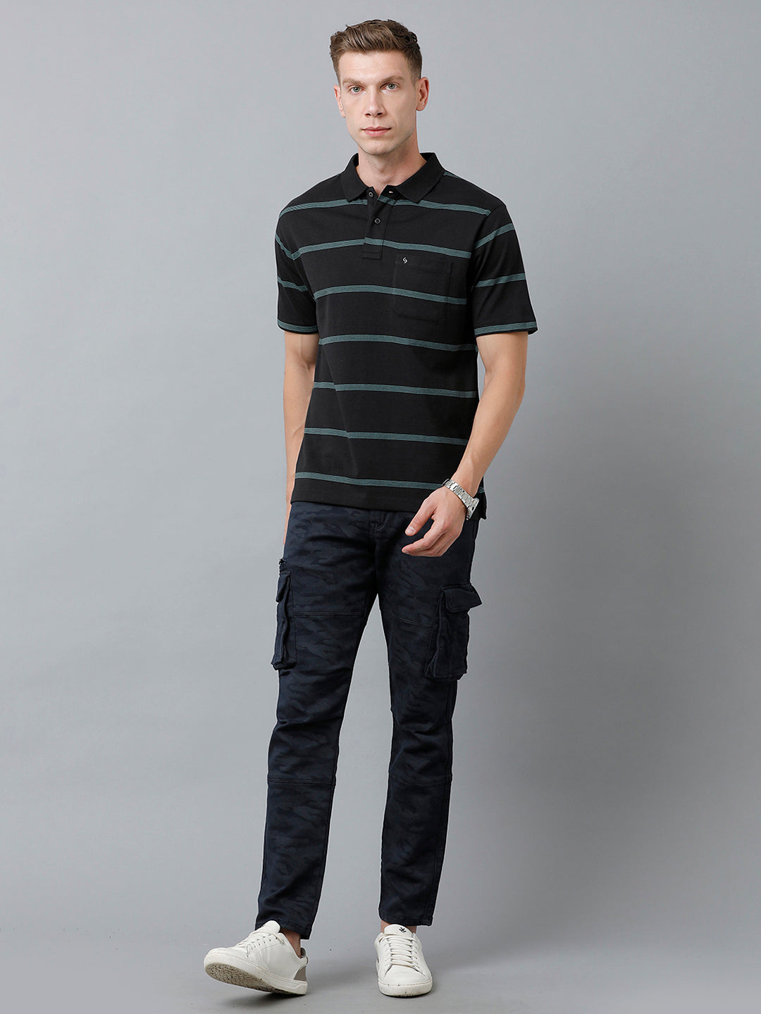 Classic Polo Men's Cotton Blend Half Sleeve Striped Authentic Fit Polo Neck Black Color T-Shirt | Avon - 530 B