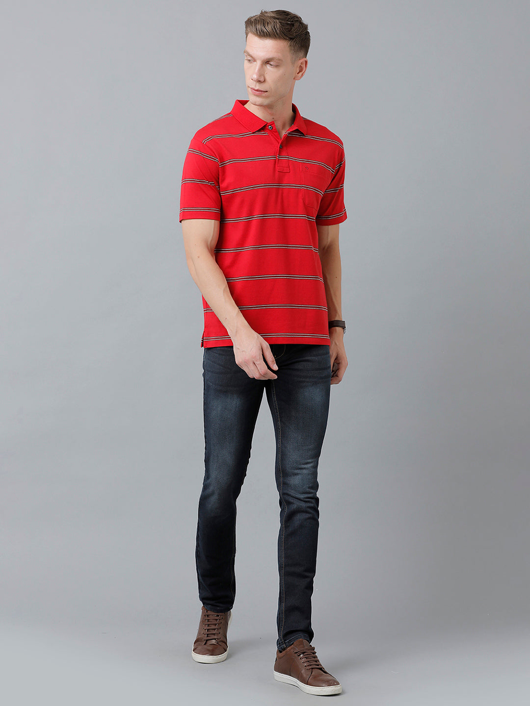 Classic Polo Men's Cotton Blend Half Sleeve Striped Authentic Fit Polo Neck Red Color T-Shirt | Avon - 525 A