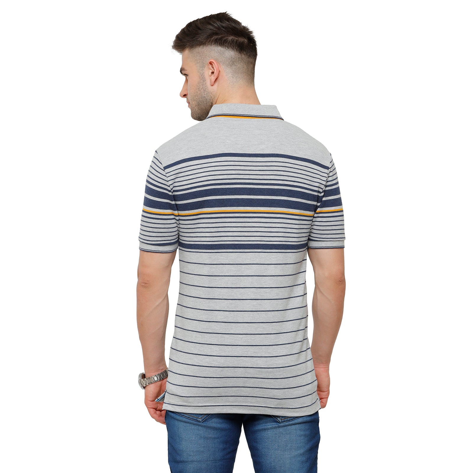Classic Polo Mens Grey Stripped Half Sleeve Slim Fit Polo Neck T-Shirt - VTA 183B T-shirt Classic Polo 