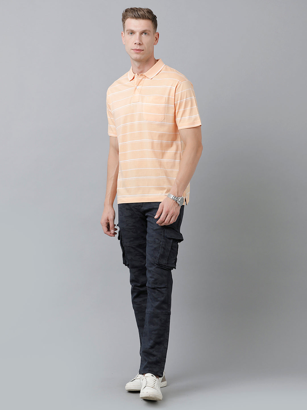Classic Polo Men's Cotton Half Sleeve Striped Authentic Fit Polo Neck Coral Color T-Shirt | Ap - 88 B