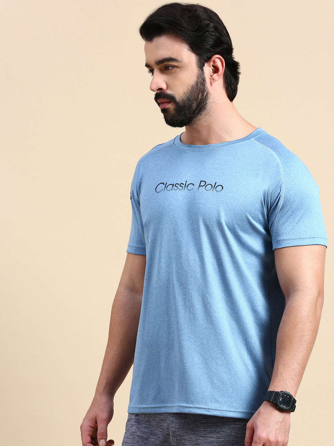 Classic Polo Men's Round Neck Polyester Blue Slim Fit Active Wear T-Shirt | GENX-CREW 15B SF C