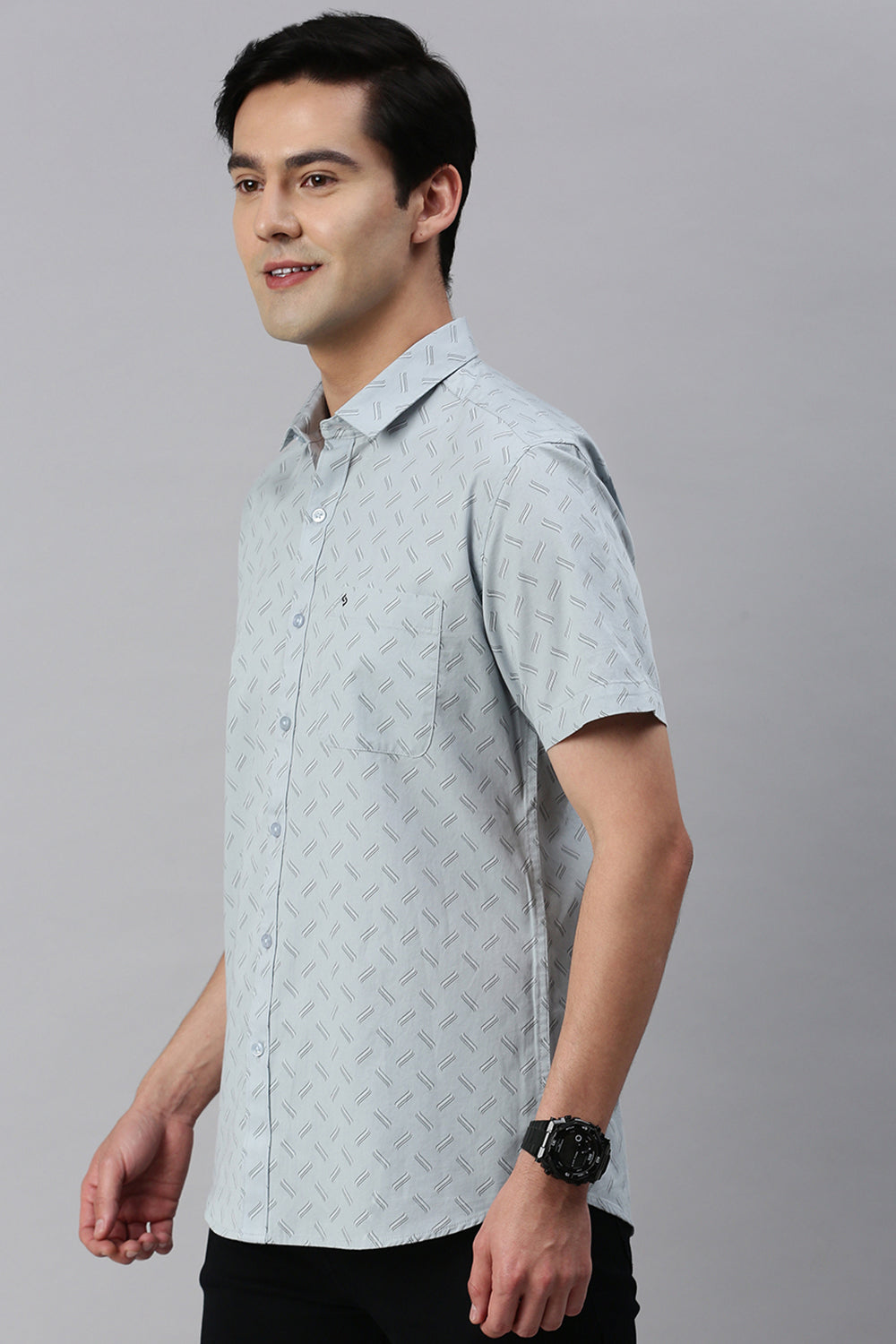 Classic Polo Men's Cotton Half Sleeve Printed Slim Fit Polo Neck Light Blue Color Woven Shirt | So1-07 A