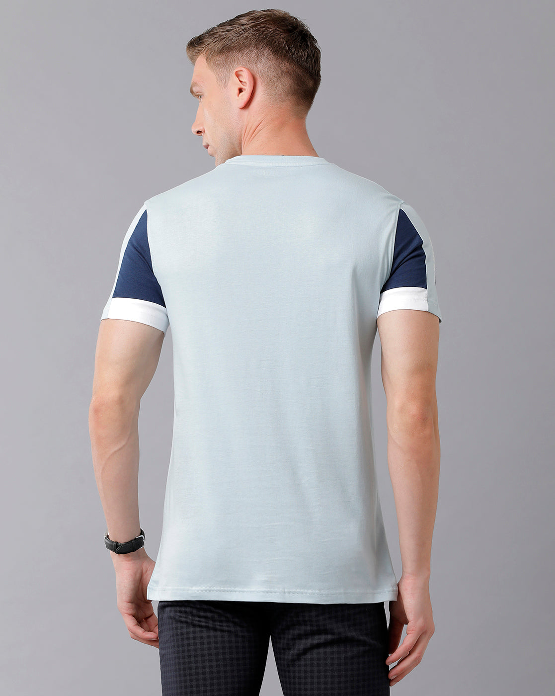 CP BRO Men's Cotton Color Block Half Sleeve Slim Fit Round Neck Sky Blue Color T-Shirt | Brcn - 491 A