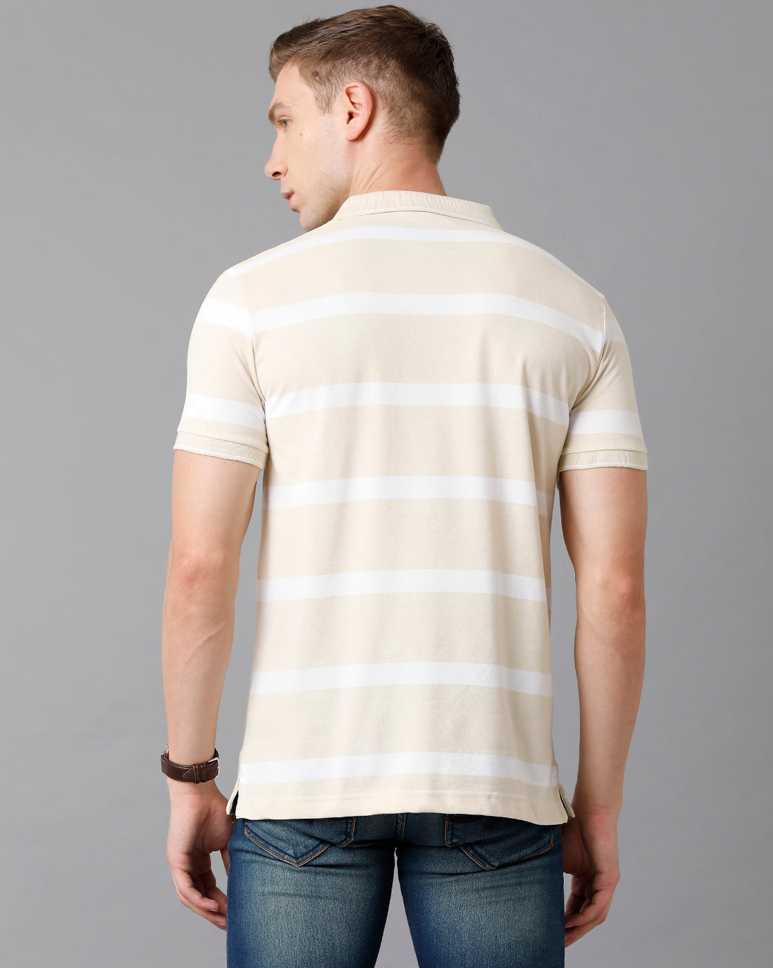 Classic Polo Men's Cotton Striped Slim Fit Beige T-Shirt | Cpeg - 282 A