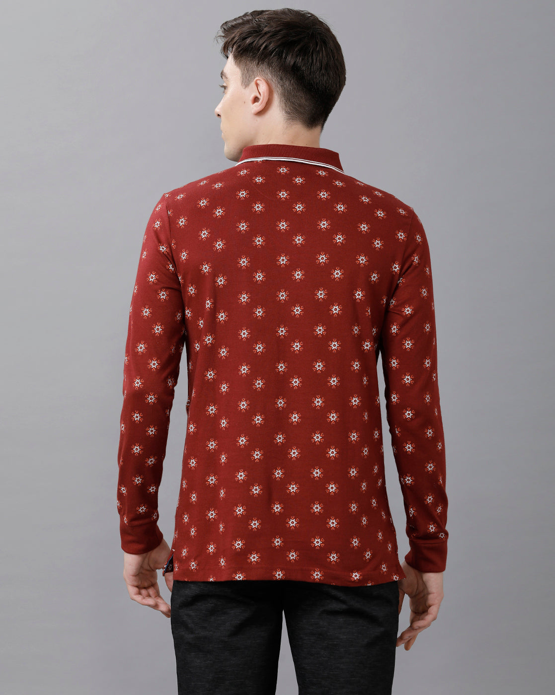 Classic Polo Mens Cotton Printed Full Sleeve Slim Fit Polo Neck Maroon Color T-Shirt | Verno 269 A R