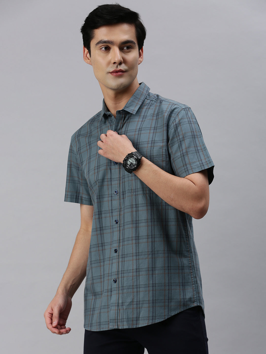 Classic Polo Men's Cotton Half Sleeve Checked Slim Fit Collar Neck Grey Color Woven Shirt | So1-96 C