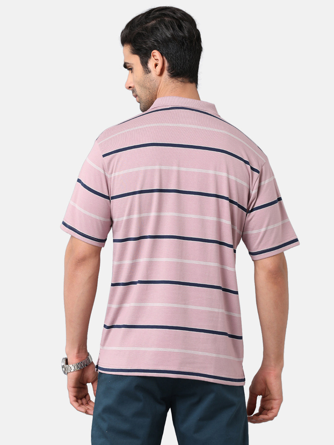Classic Polo Mens Cotton Blend Striped Authentic Fit Polo Neck Pink Color T-Shirt | Avon 478b
