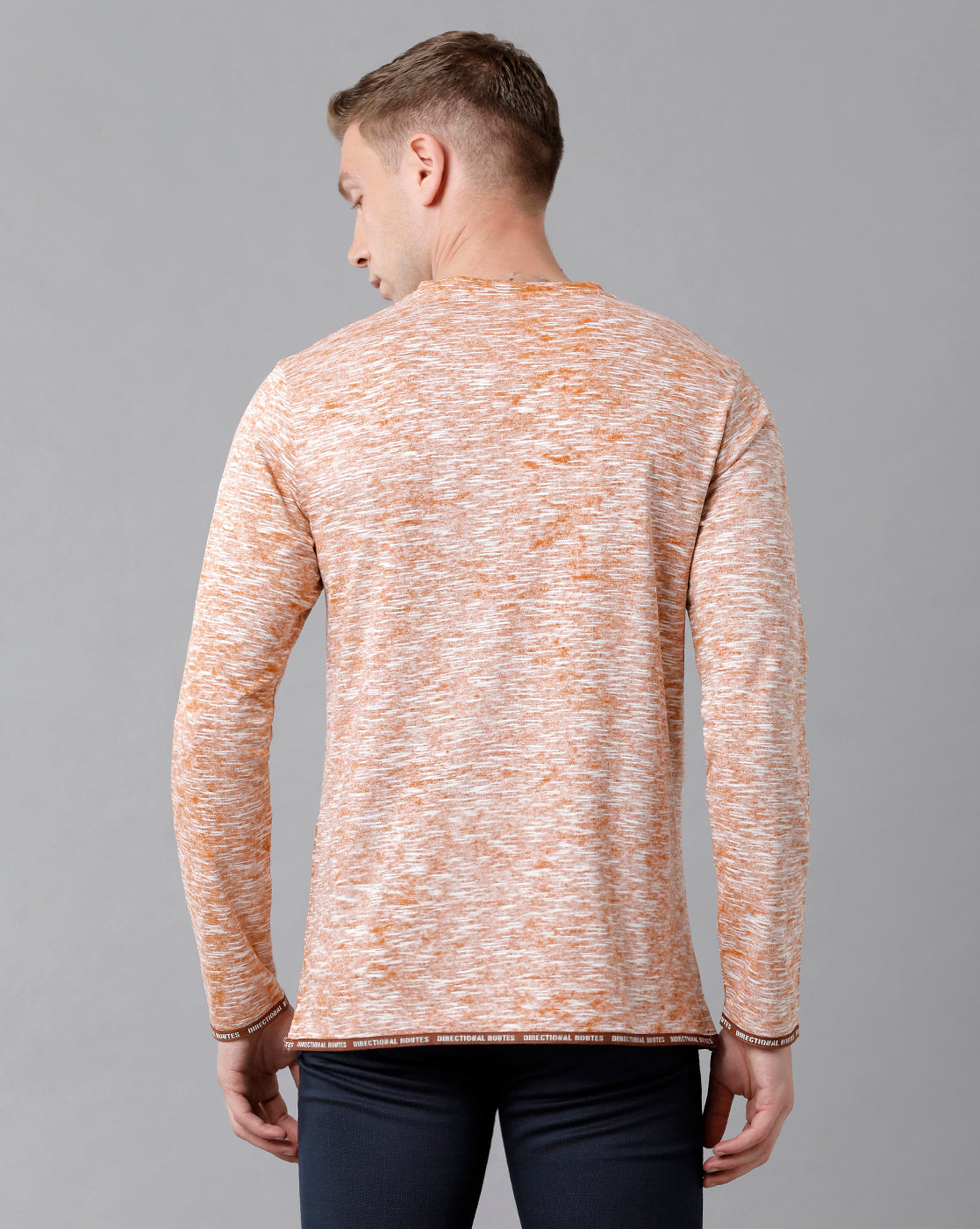 Classic Polo Men's Cotton Self Design Full Sleeve Slim Fit Round Neck Peach Color T-Shirt | Baleno Fs - 481 B