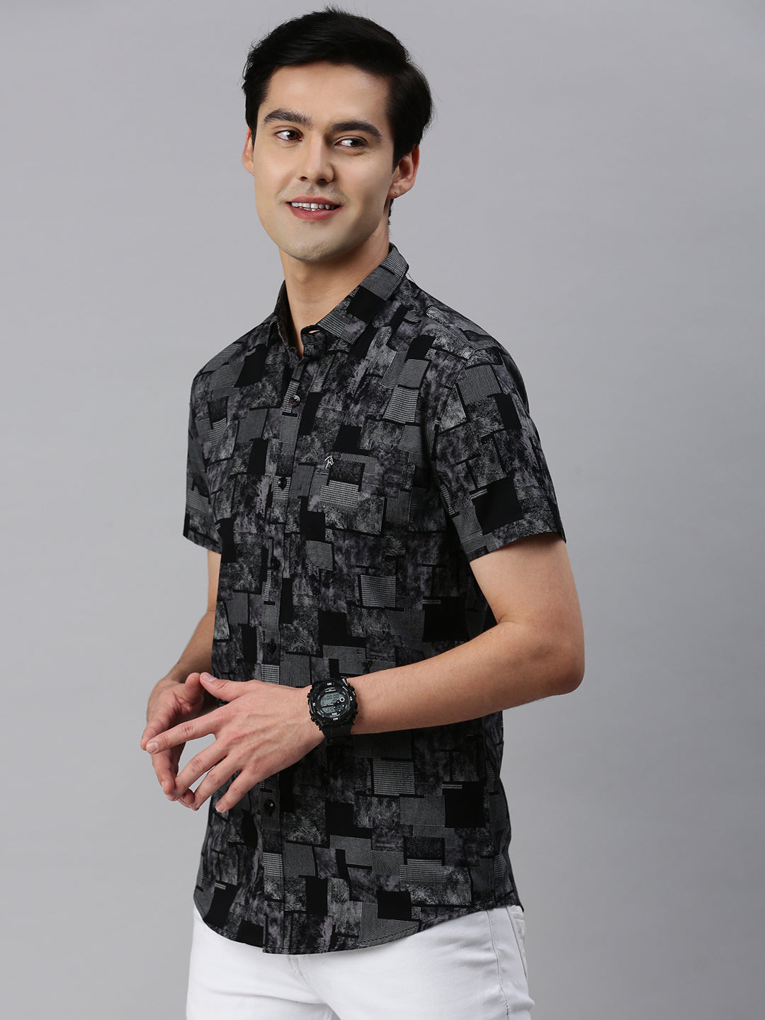 CP BRO Men's Cotton Half Sleeve Printed Slim Fit Collar Neck Black Color Woven Shirt | Sbo1-11 B
