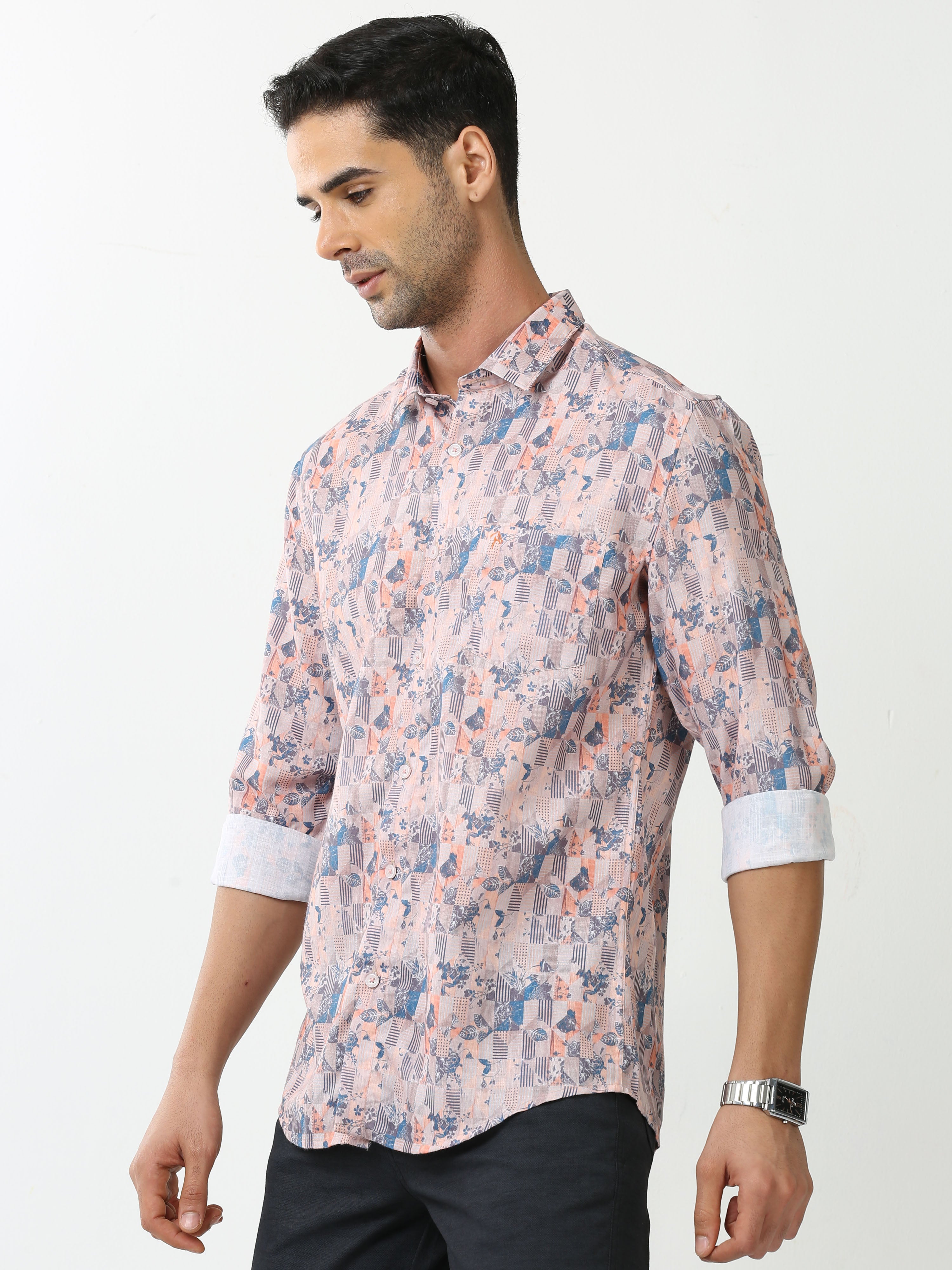 Classic Polo Mens Cotton Full Sleeve Printed Slim Fit Polo Neck Peach Color Casual Shirt | SBO2-97 A-FS-PRT-BSL