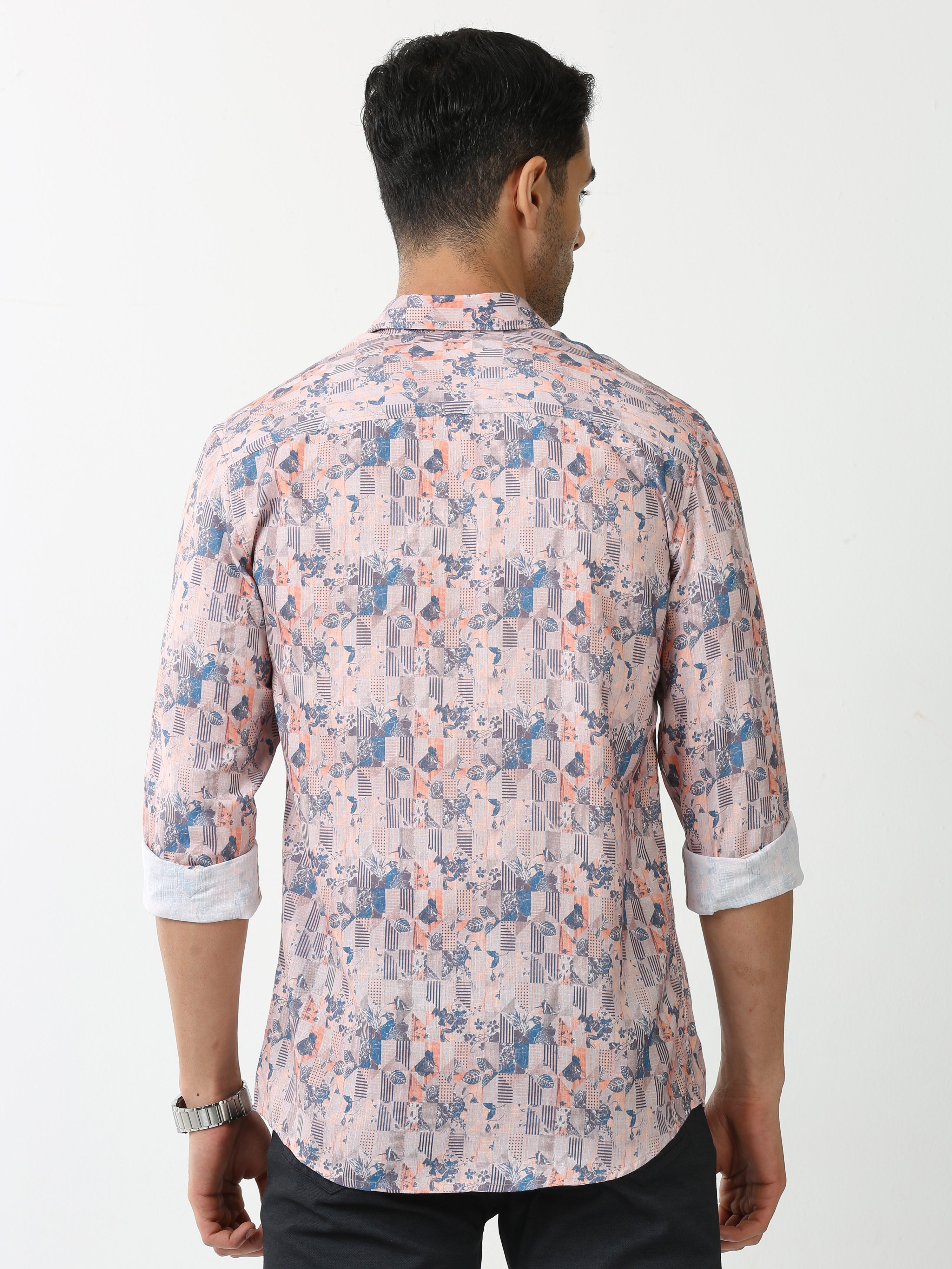 Classic Polo Mens Cotton Full Sleeve Printed Slim Fit Polo Neck Peach Color Casual Shirt | SBO2-97 A-FS-PRT-BSL